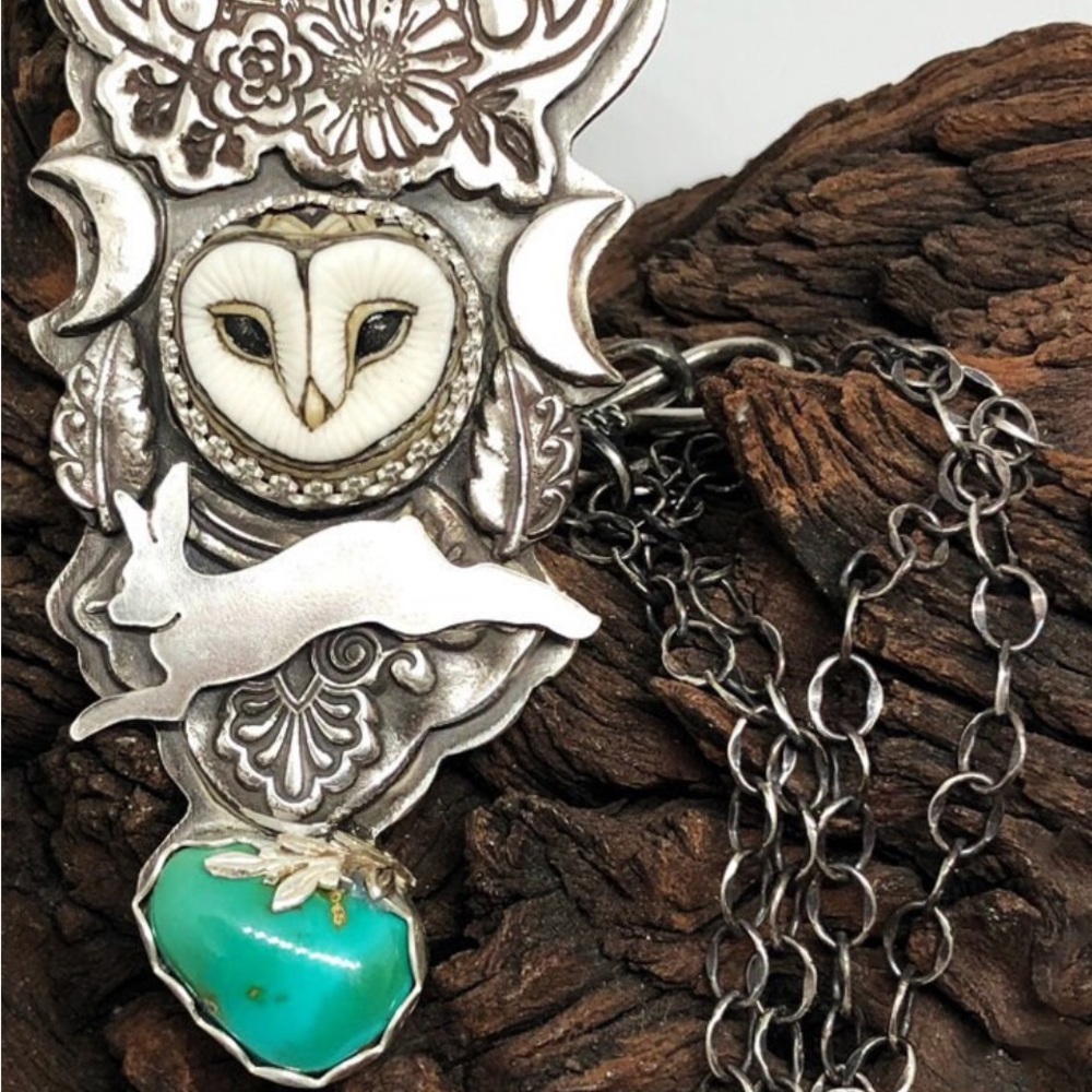 Silver and Turquoise Owl Pendant Necklace